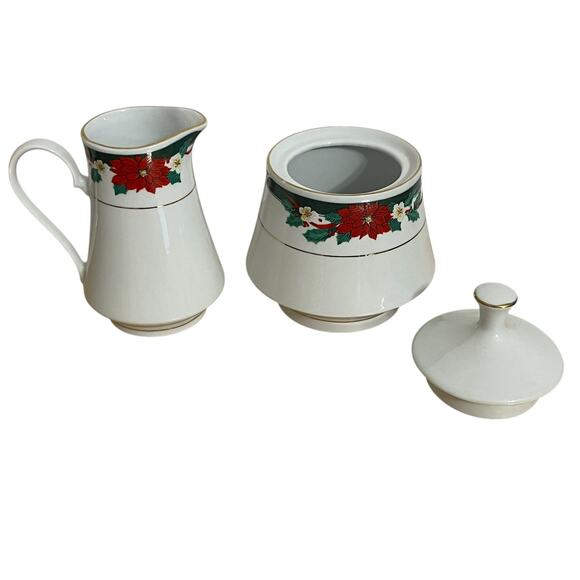 Vintage Tienshan Christmas Poinsettia Dessert Set Creamer Sugar Cake Server - Picture 4 of 7